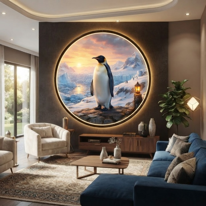 Round Antarctic Penguin Landscape Backlit Wall Art - Scenic Wildlife Decor Painting with LED Lighting led 169