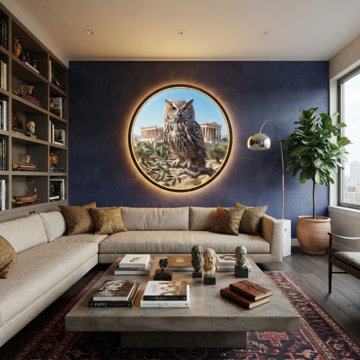 Illuminated Greek Owl LED Round Sign | Symbol of Wisdom Wall Art | Plug-and-Play Home Decor Led 62