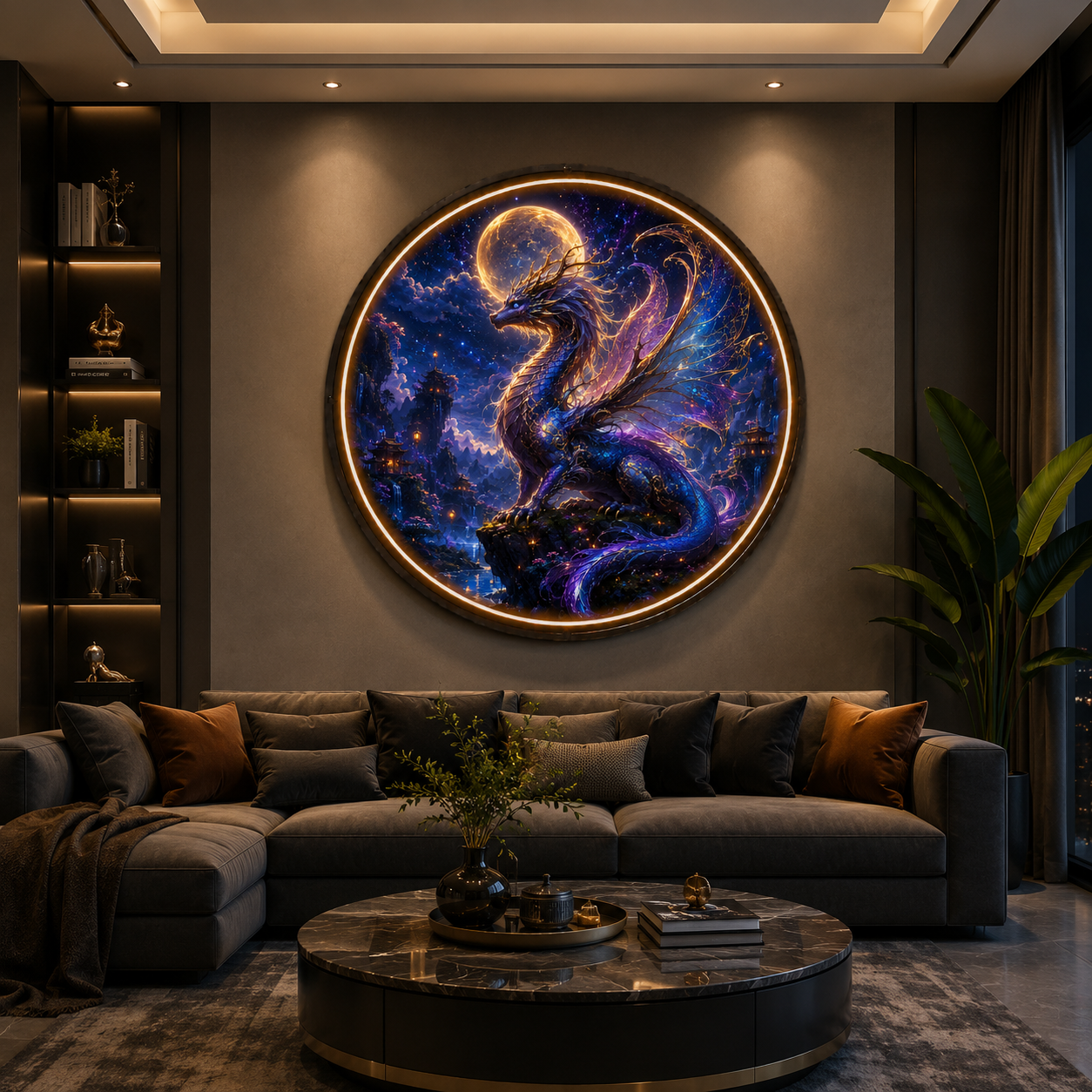 Mystical Dragon Round LED Wall Art, Fantasy Galaxy & Lunar Glow Painting for Home Decor led 140