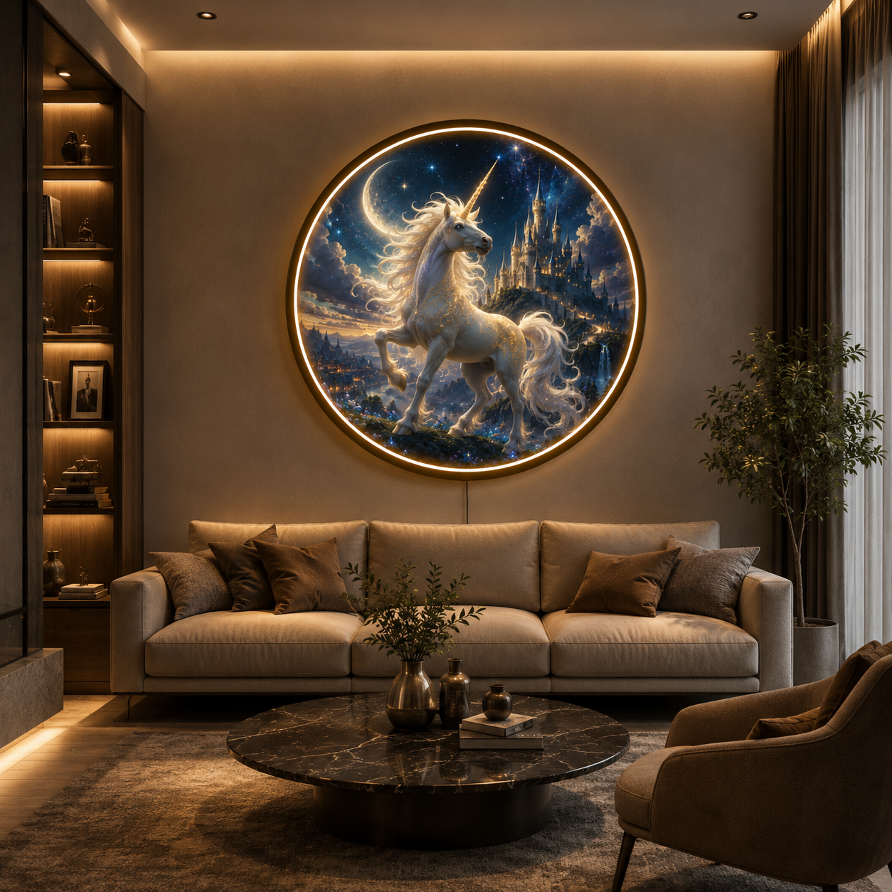 Mystical Unicorn Round LED Wall Art – Fantasy Castle Illuminated Decor led ́81