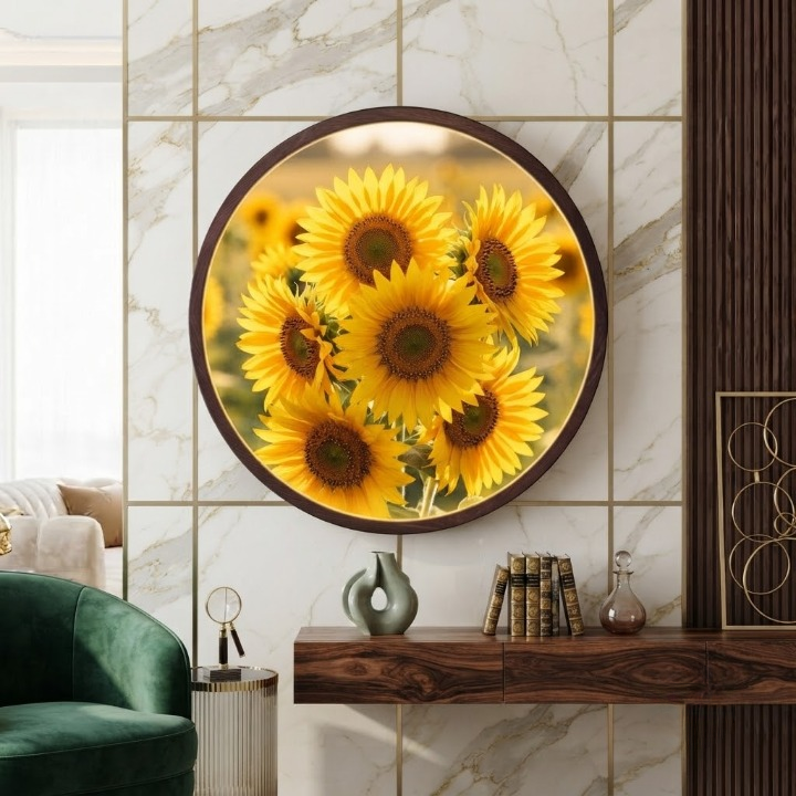 Sunflower LED Round Wall Art | Golden Floral Home Decor Light Painting with 3 Size Options and 12V Safe Driver System Led 28