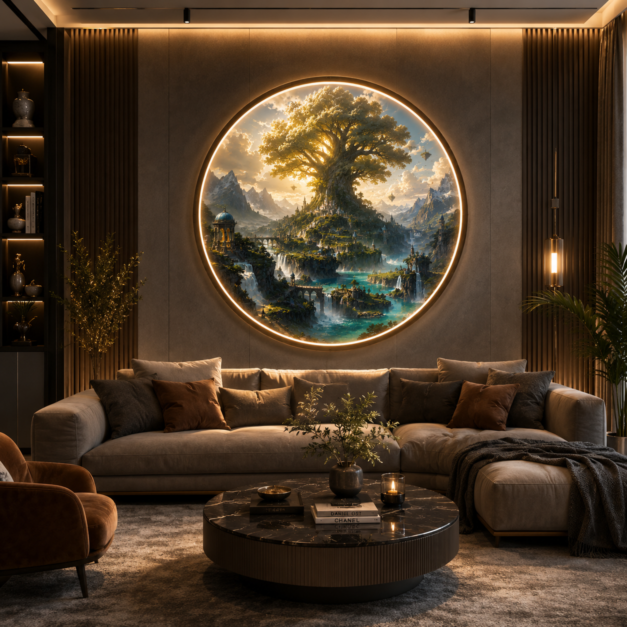 Magical World Tree LED Wall Art, Fantasy Landscape Glowing Painting, Round Decor Light led 115
