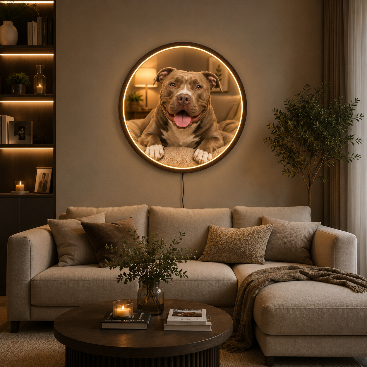 Pitbull LED Wall Art | Round Illuminated Cute Brown Dog Decor & Modern Home Accent Led 65