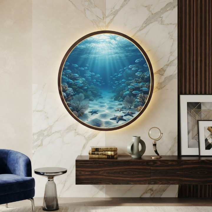Underwater Ocean World LED Round Wall Art | Deep Sea Coral Reef & Marine Life Home Decor Light Painting with 3 Size Options and 12V Safe Driver System Led 32
