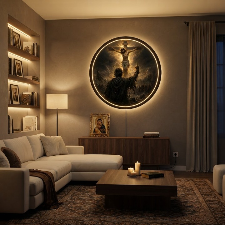 Crucifixion of Jesus LED Wall Art | Round Illuminated Divine Faith Decor & Sacred Home Accent led 70