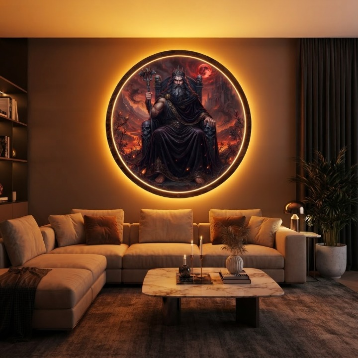 Hades God of the Underworld Lighted Round Wall Sign | Dark Mythology Decor | Unique Gaming Room and Living Room Art Led 35