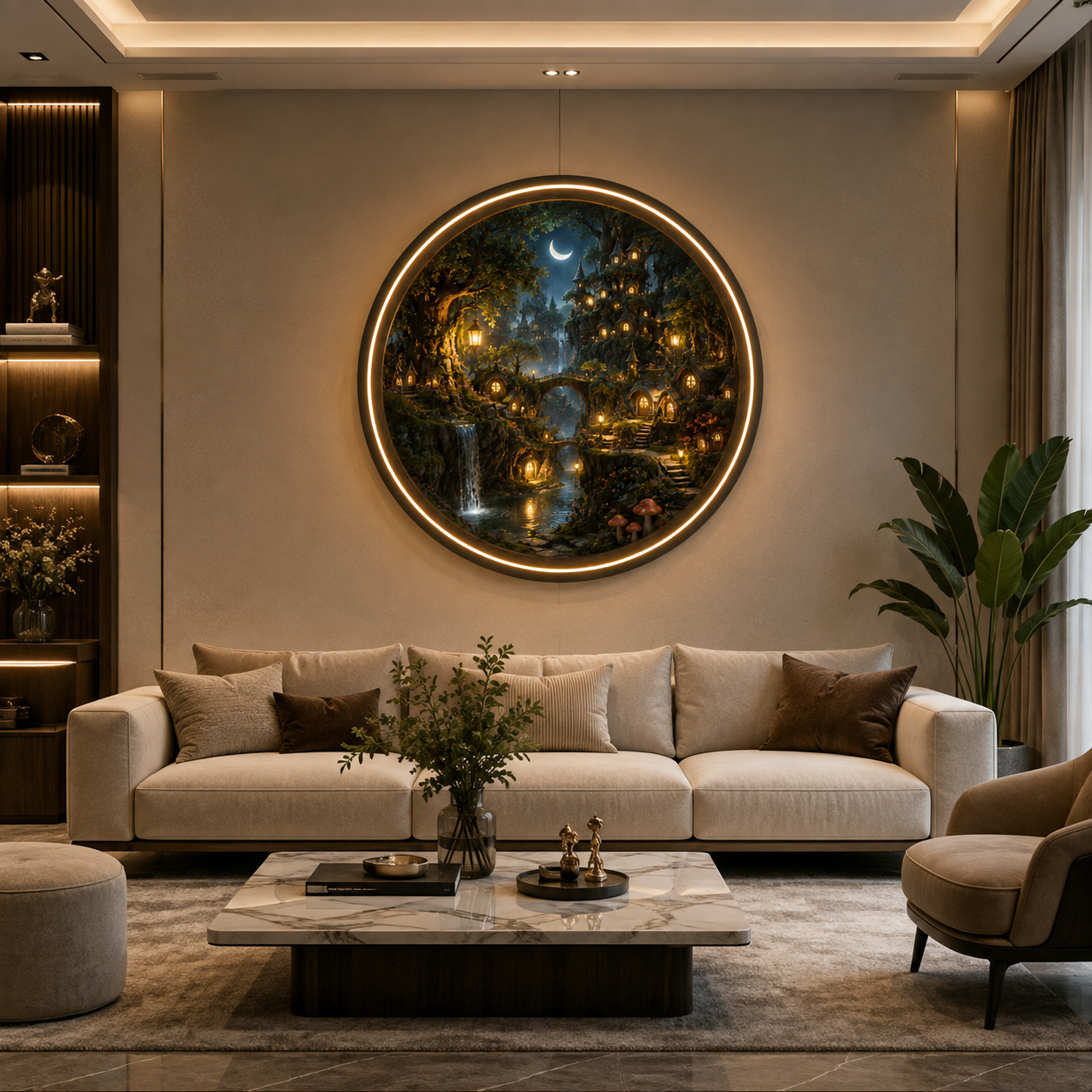 Enchanted Forest Glow Wall Art | LED Round Landscape Painting and Ambient Night Light led 95
