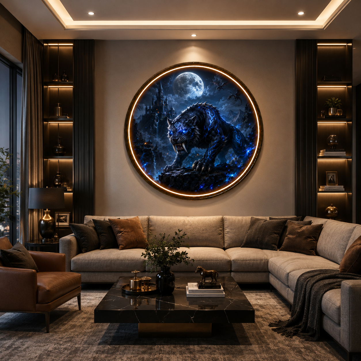 Shadow Panther Circular LED Wall Art: Elevate Your Space with Epic Fantasy Decor led 147