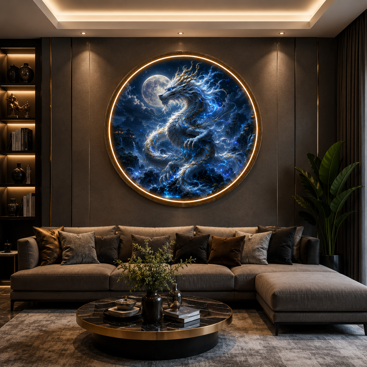 Round LED Glowing Wall Art - Mythical Blue Asian Dragon  Full Moon Decor, Modern Home and Living Room Lighting led 130