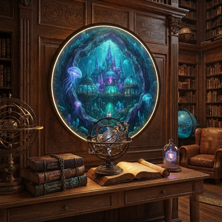 Mystical Underwater Crystal Palace & Jellyfish LED Wall Art - Round Deep Sea Abyss Landscape with 12V Driver, Ambient Night Light for Living Room & Bedroom Decor led 92
