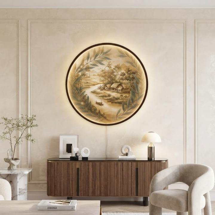 Modern Vietnamese Countryside Scenery LED Wall Lamp - Dimmable Round Art Painting Light for Living Room and Bedroom Led 17