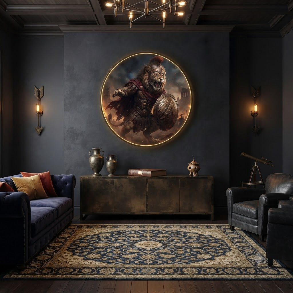 Spartan Lion Warrior LED Round Wall Art led 181