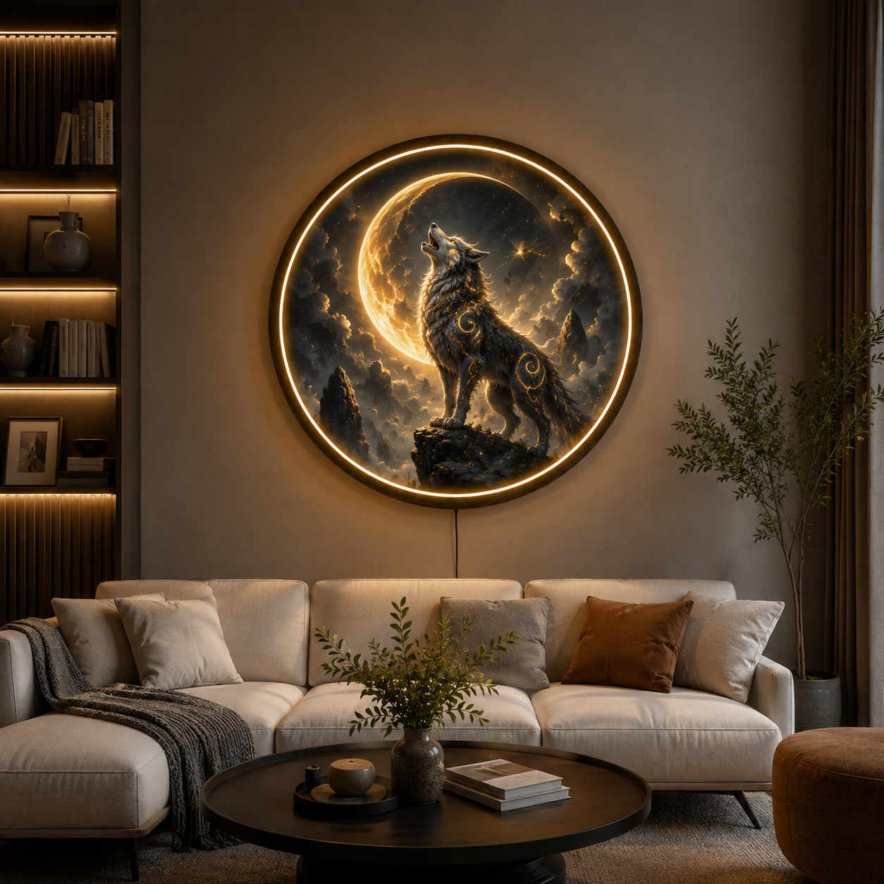 Celestial Wolf Howling at the Moon Round LED Wall Art Led ́81