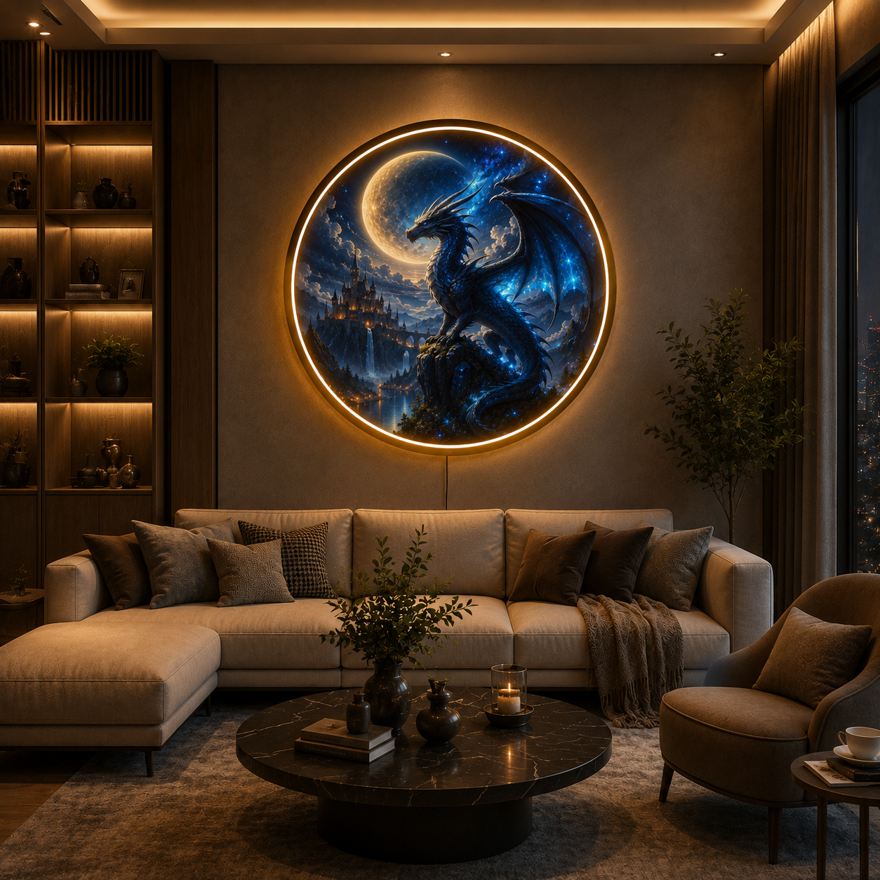 Blue Dragon and Castle Moon Round LED Wall Art – Fantasy Night Sky Illuminated Decor led 83