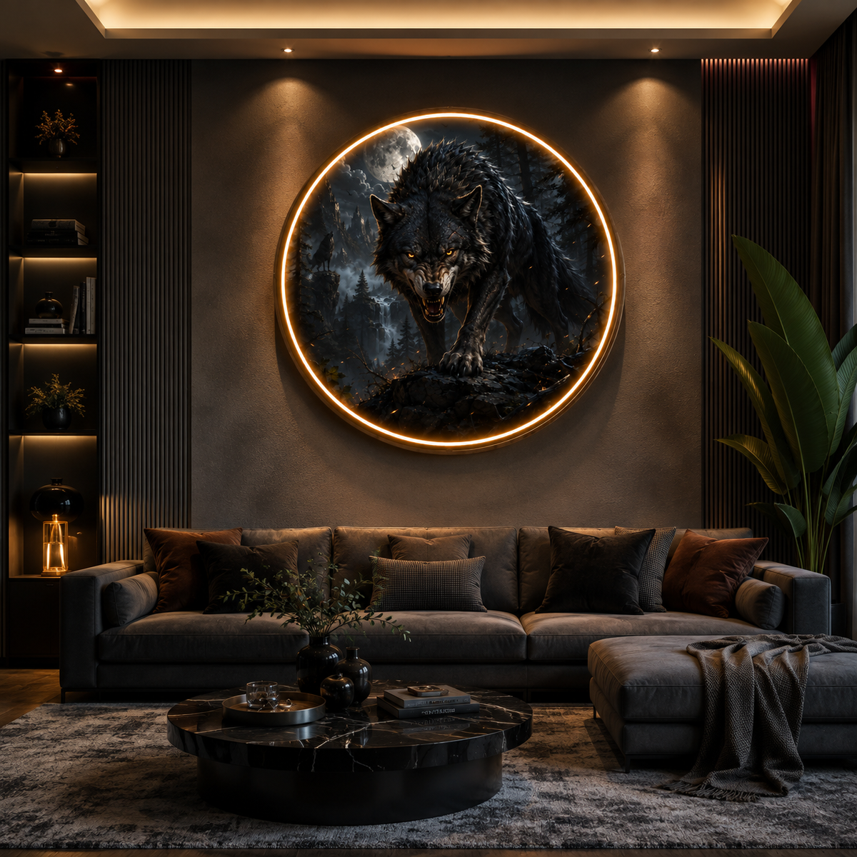 Illuminated Round Wall Painting with LED Light - Wild Wolf Theme, Luxury Living Room Interior Decoration led 124