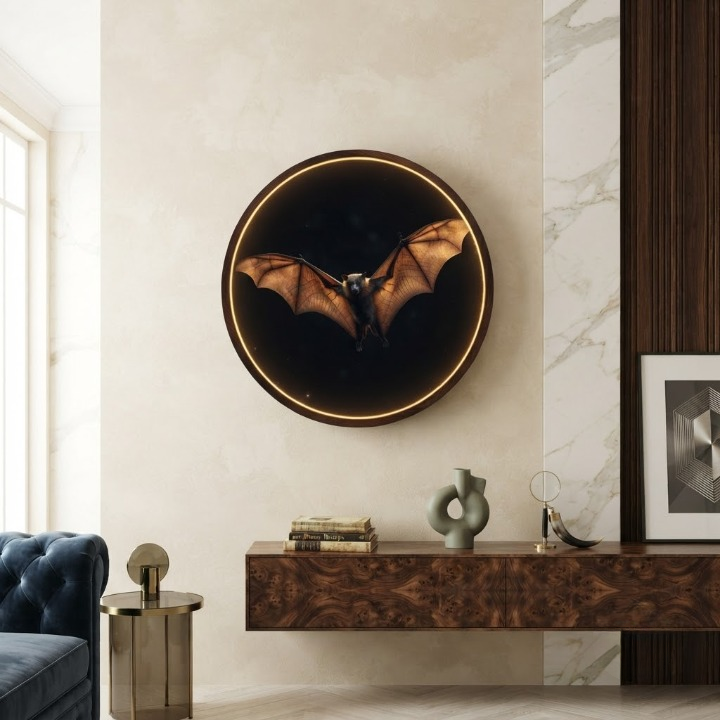 Flying Bat LED Round Wall Art | Spooky Night Animal Home Decor Light Painting with 3 Size Options and 12V Safe Driver System Led 39