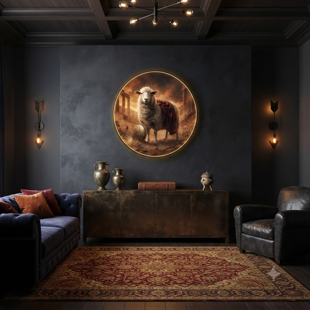 Spartan Sheep Warrior LED Round Wall Art led 180