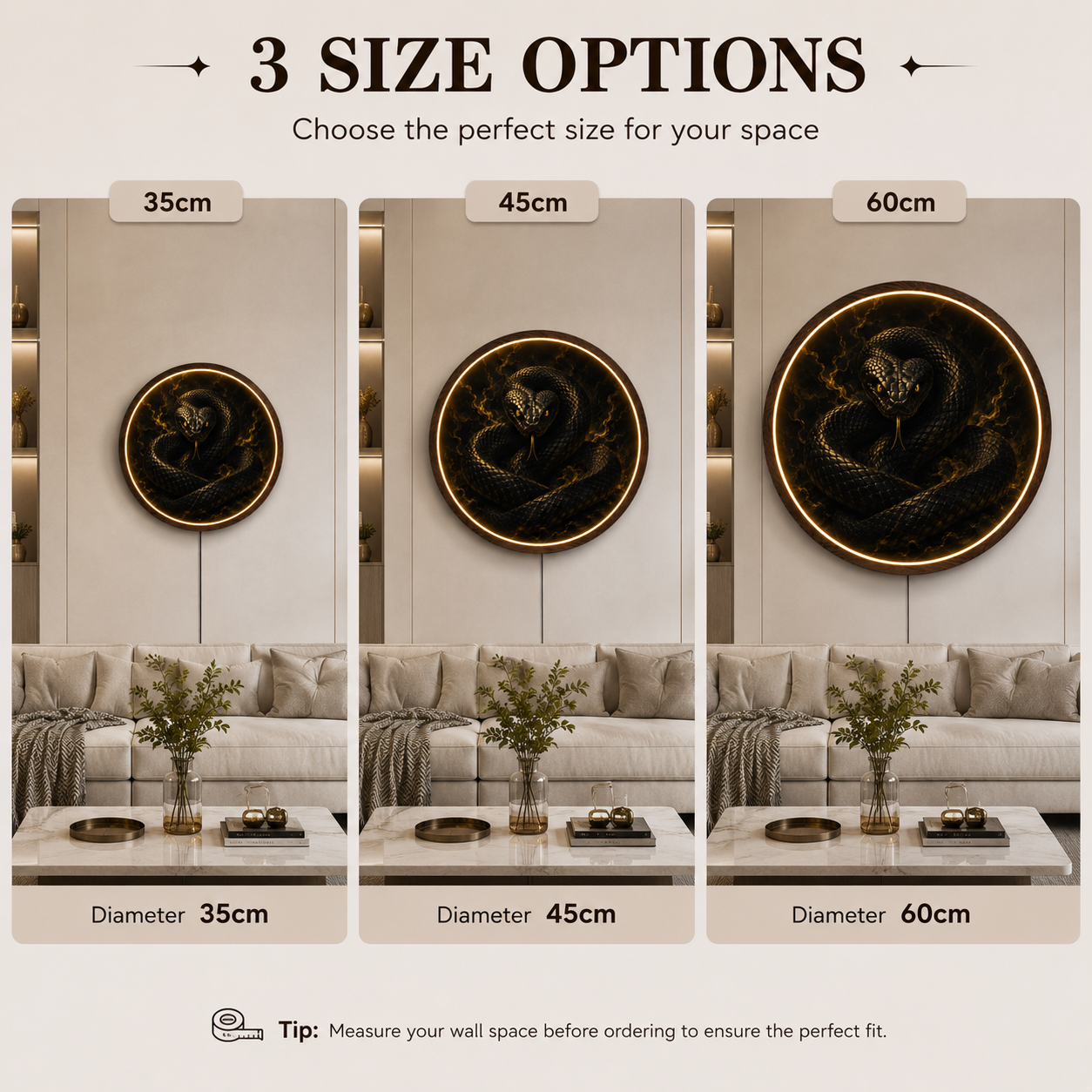 Black Snake LED Round Wall Art | Golden Vipers and Mystic Serpent Home Decor Light Painting with 3 Size Options and 12V Safe Driver System Led 50