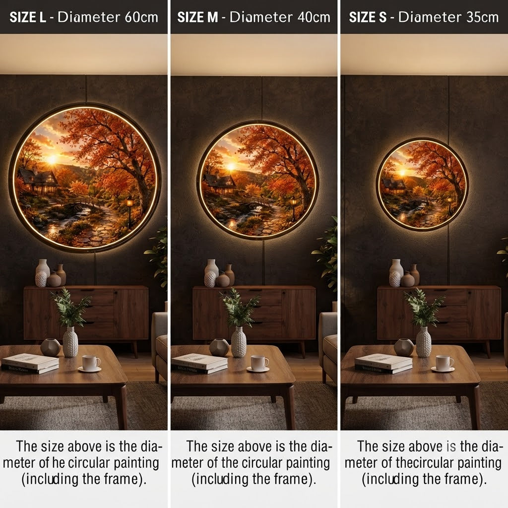 Round Autumnal Landscape Backlit Wall Art - Home Decor Painting with LED Lighting led 166