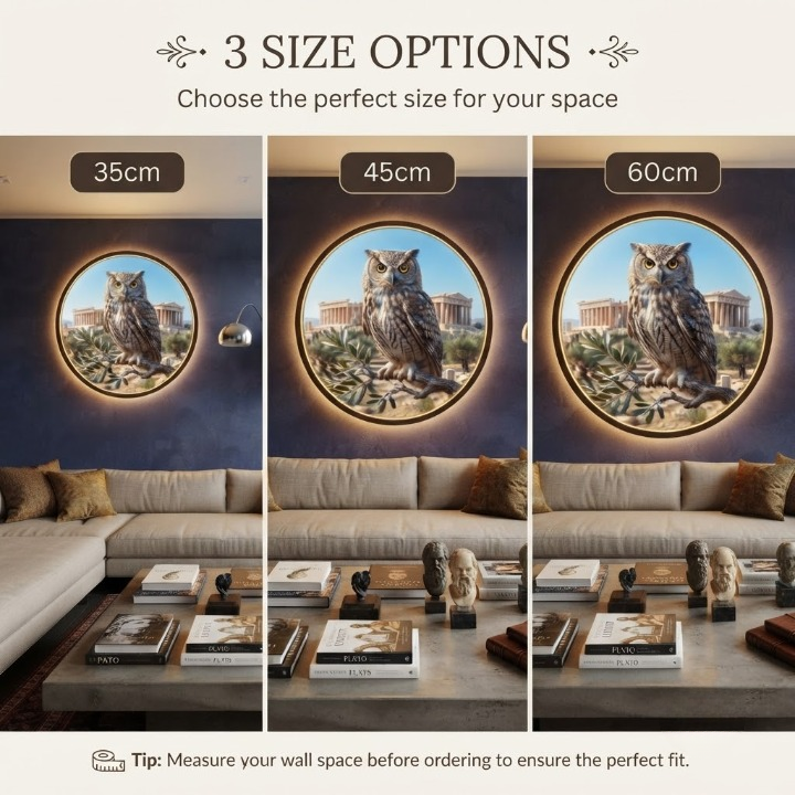 Illuminated Greek Owl LED Round Sign | Symbol of Wisdom Wall Art | Plug-and-Play Home Decor Led 62