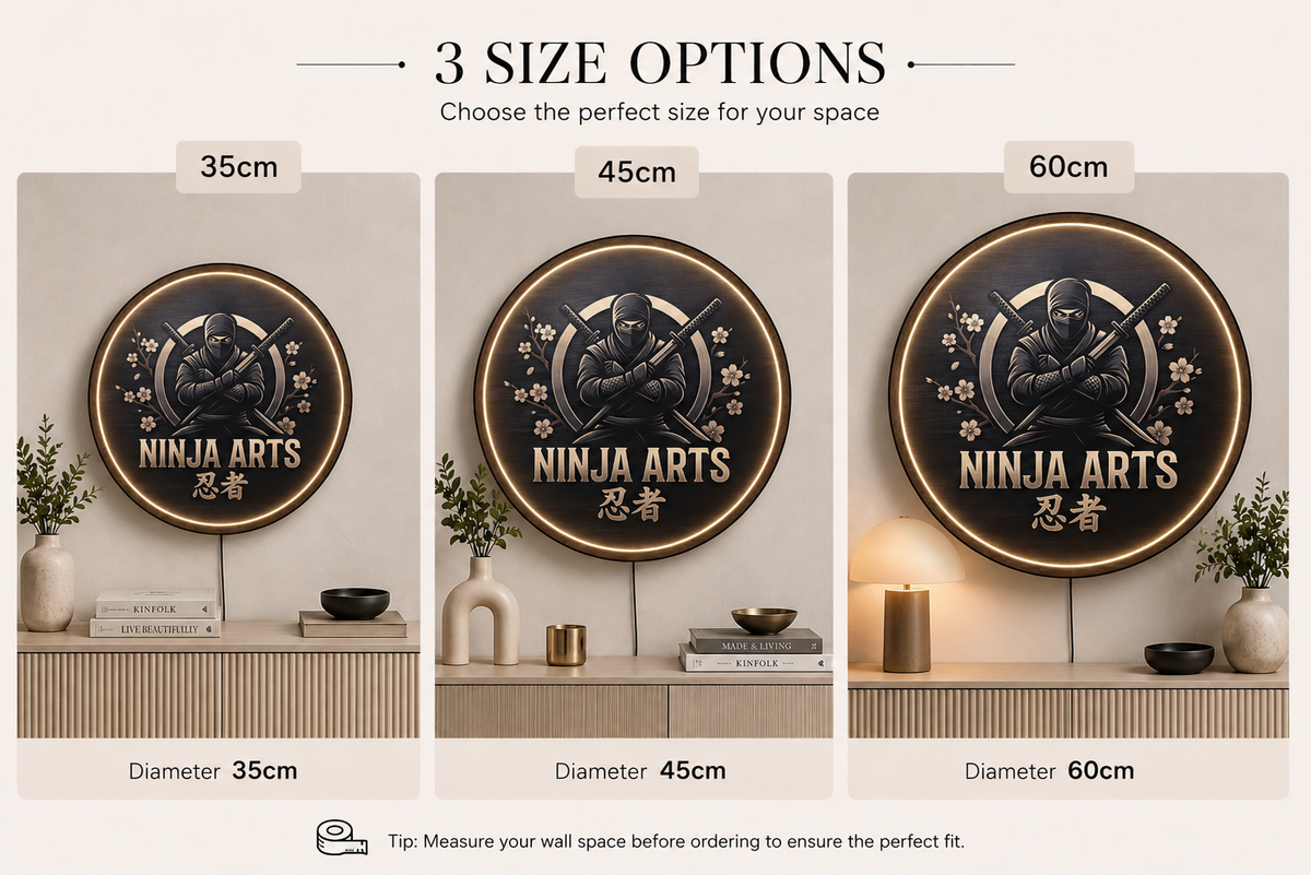 Handcrafted Round LED Ninja Arts Wall Decor - Japanese Martial Arts and Cherry Blossom Illuminated Art  Led 10