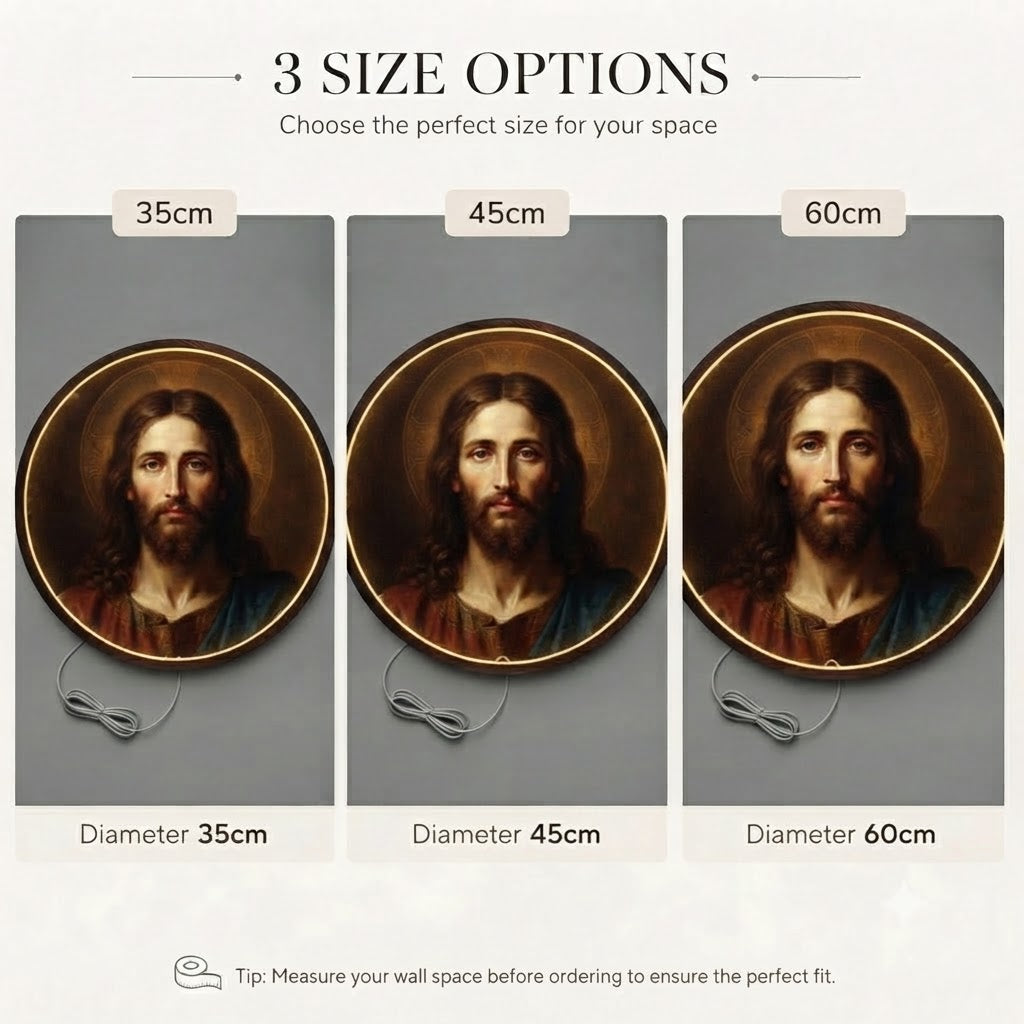 Jesus Christ LED Round Wall Art | Religious Home Decor Light Painting with 3 Size Options & 12V Safe Driver System Led 43