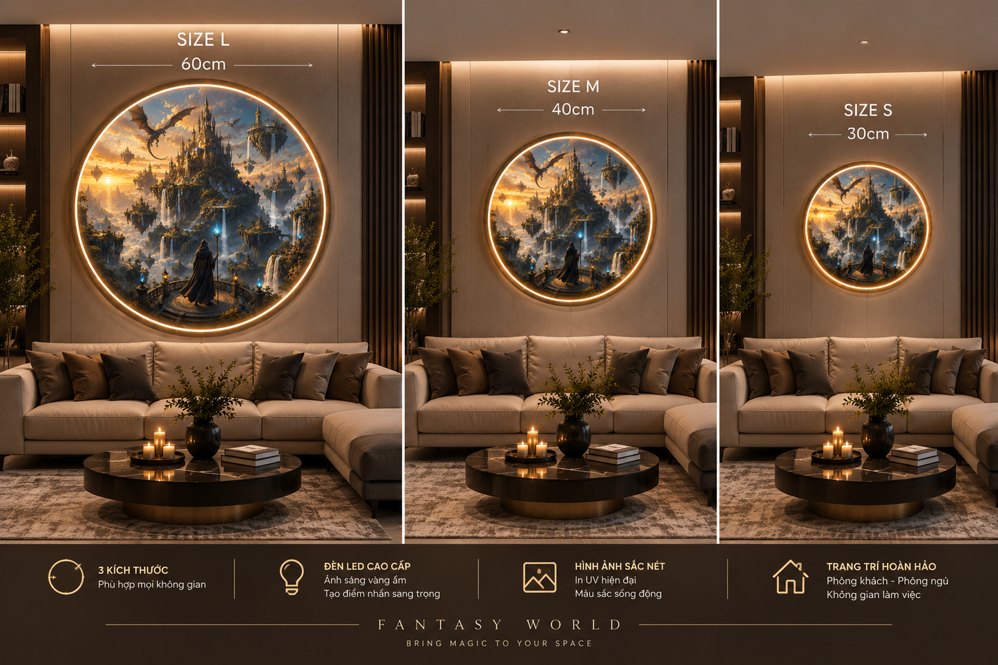 Fantasy World Round LED Wall Art – Magical Floating Castle & Wizard Illuminated Home Decor led 119