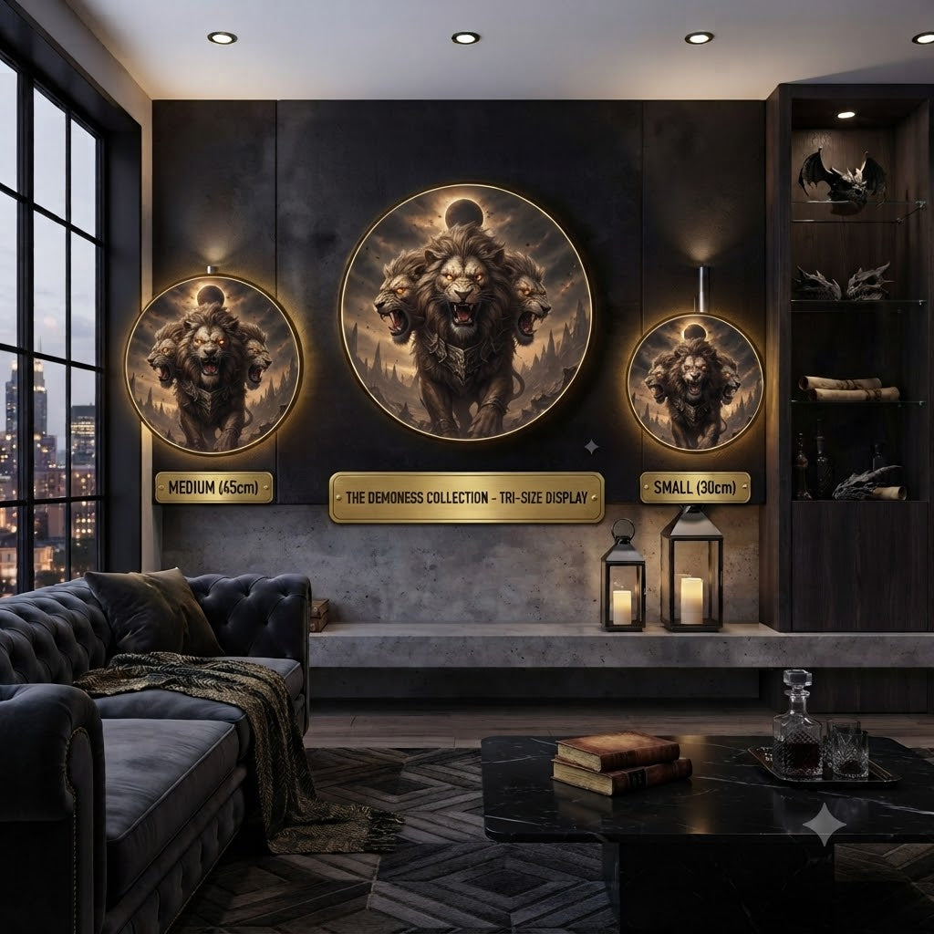 Tri-Headed Demon Lion Round LED Wall Art Collection led 201
