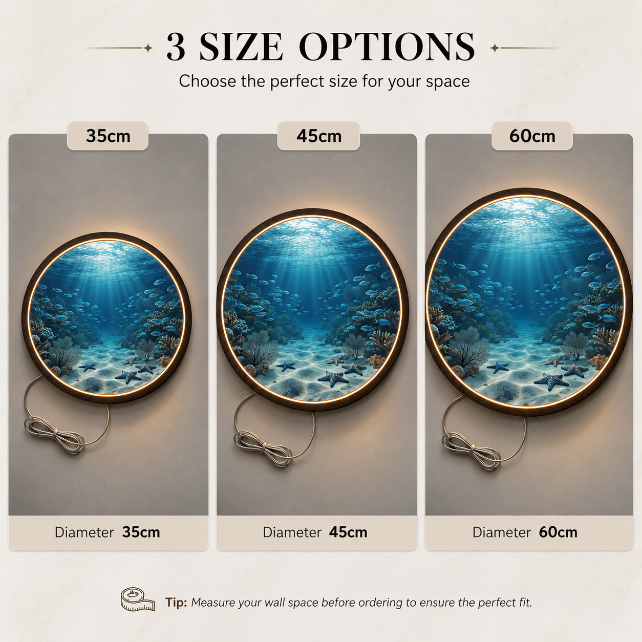 Underwater Ocean World LED Round Wall Art | Deep Sea Coral Reef & Marine Life Home Decor Light Painting with 3 Size Options and 12V Safe Driver System Led 32