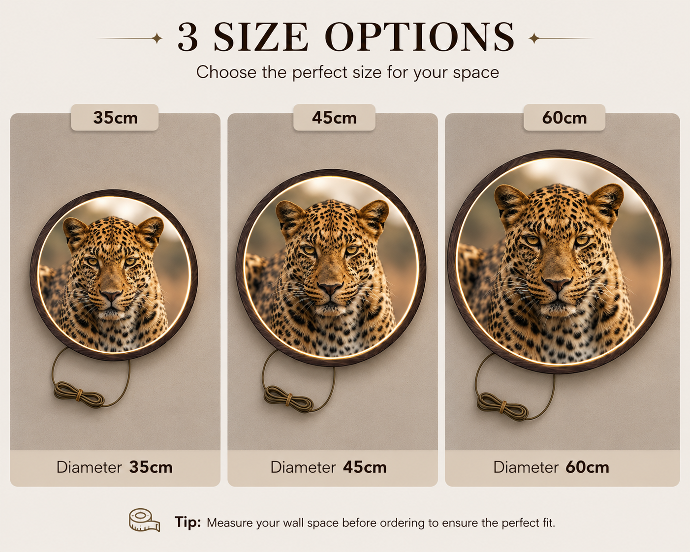 Leopard LED Round Wall Art | Wild Animal Portrait Wildlife Home Decor Light Painting with 3 Size Options and 12V Safe Driver System Led 27