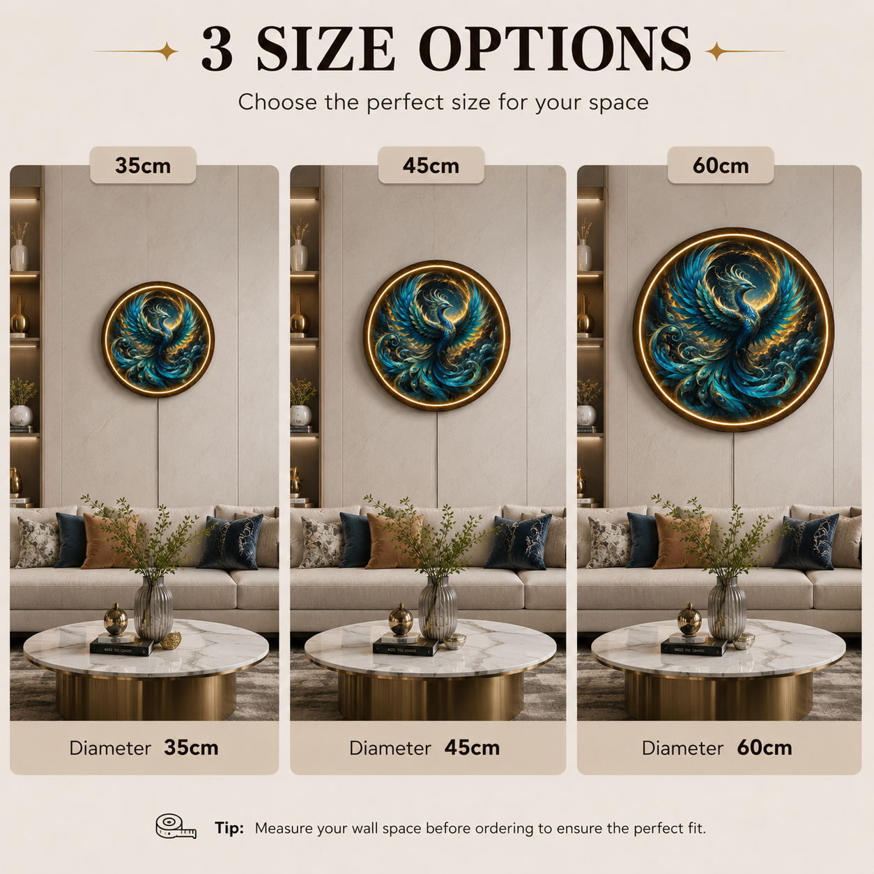 Blue Phoenix LED Round Wall Art | Mythical Bird of Fire and Rebirth Home Decor Light Painting with 3 Size Options and 12V Safe Driver System Led 51
