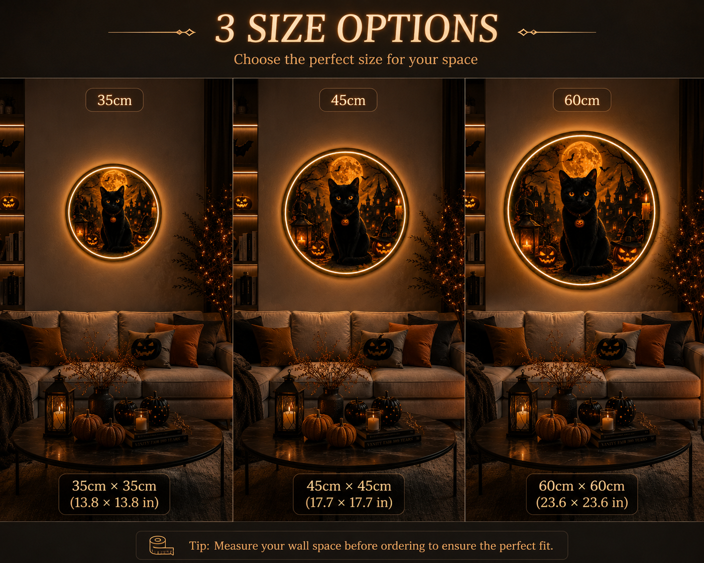 Mystic Black Cat and  Haunted Castle Round LED Wall Sign | Spooky Halloween Glow Night Light Decor Led 56