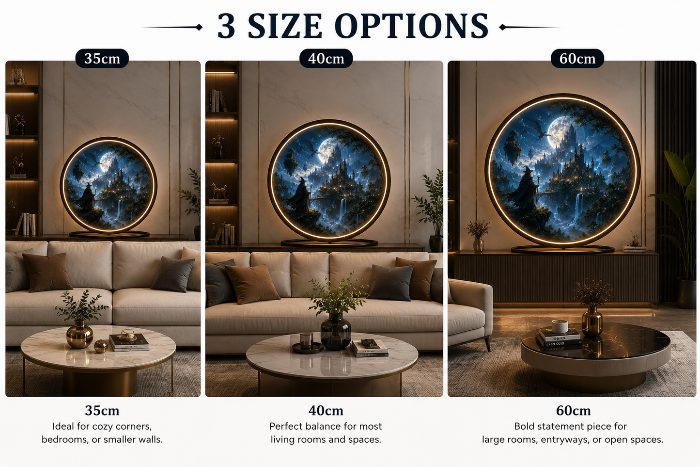 Fantasy Wizard & Castle LED Wall Art - Round Illuminated Moonlit Landscape with 12V Driver, Ambient Night Light for Living Room & Bedroom Decor led 89