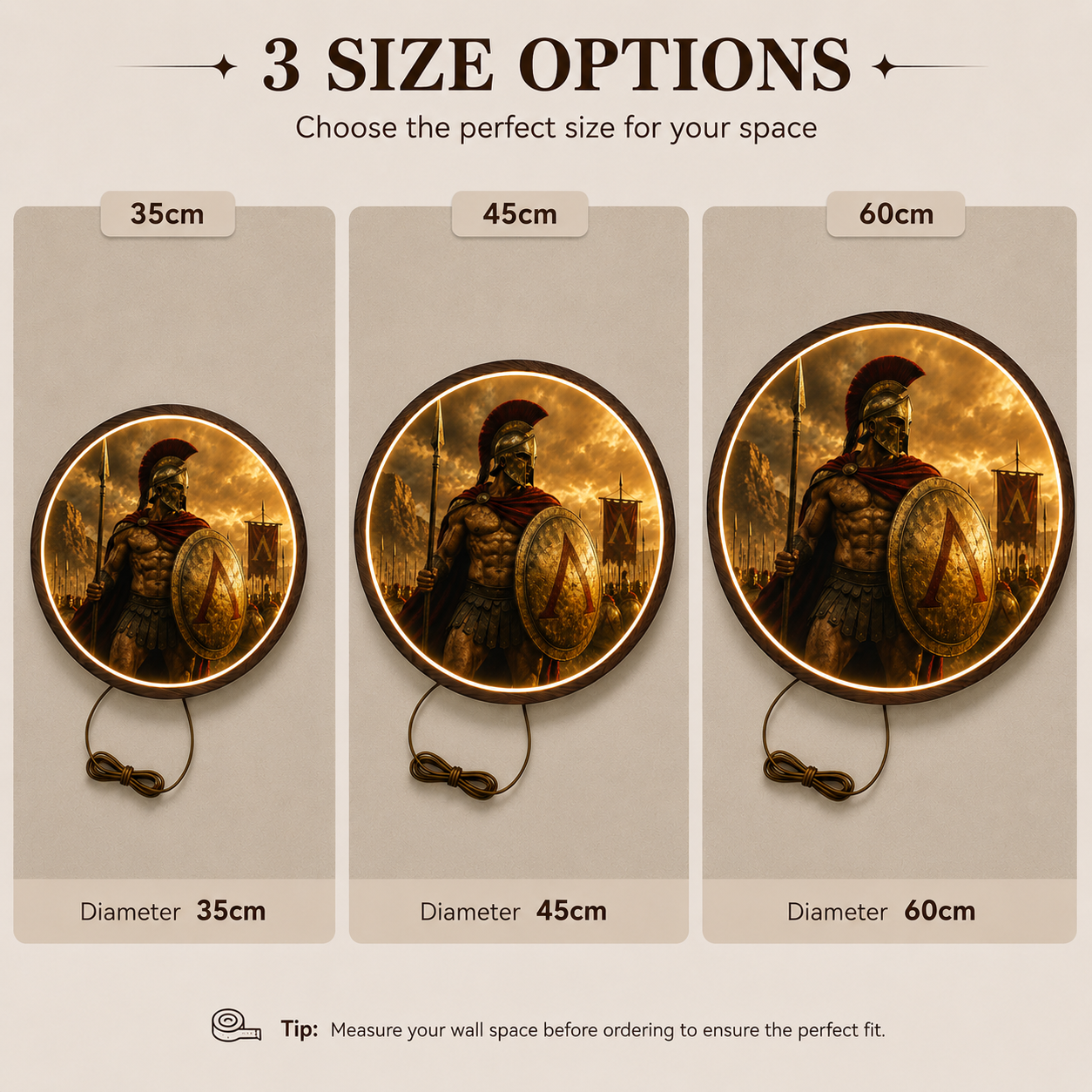 Spartan Warrior LED Round Wall Art | Ancient Greek Soldier with Spear and Shield Home Decor Light Painting with 3 Size Options and 12V Safe Driver System Led 49