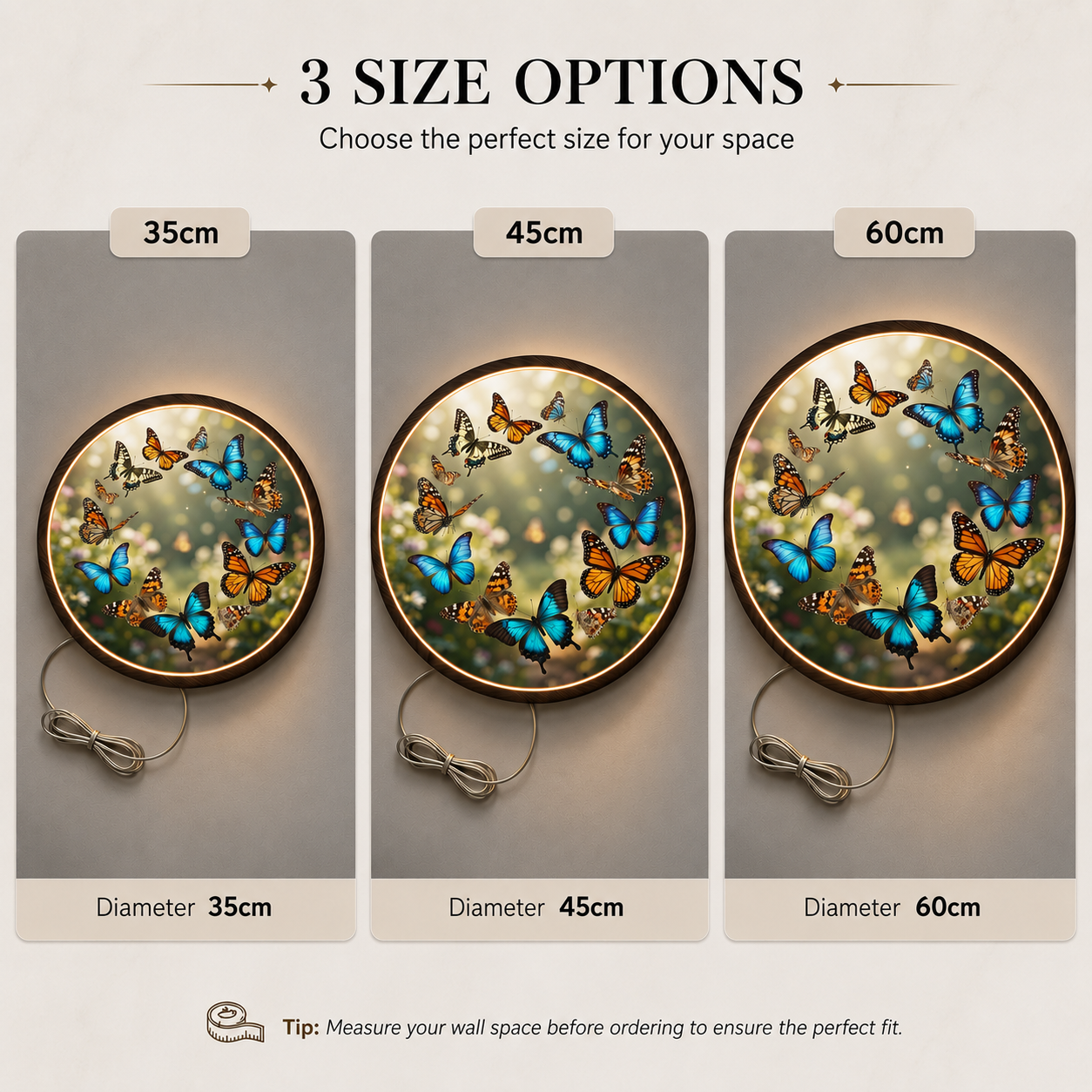 Round Butterfly LED Wall Art Light – Illuminated Circle Butterfly Canvas Lamp for Living Room Led  31 & Bedroom Decor