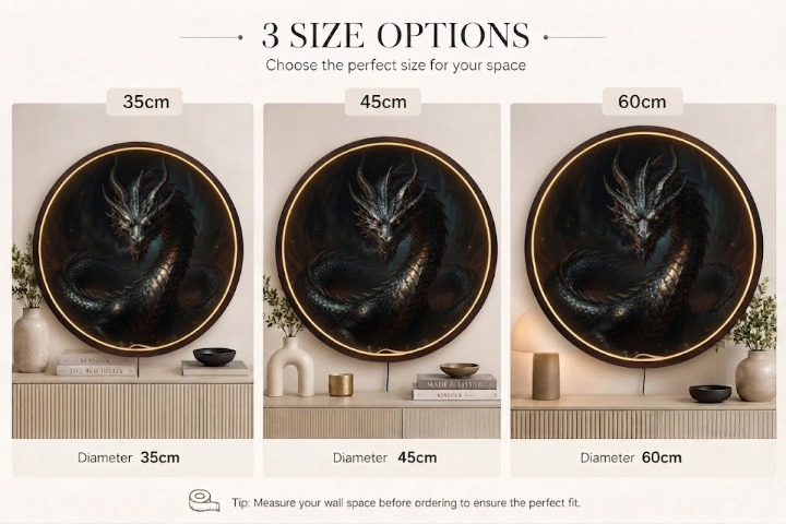 Mystical Dragon LED Round Wall Art | Fantasy Home Decor Light Painting with 3 Size Options and 12V Safe Driver System Led 45