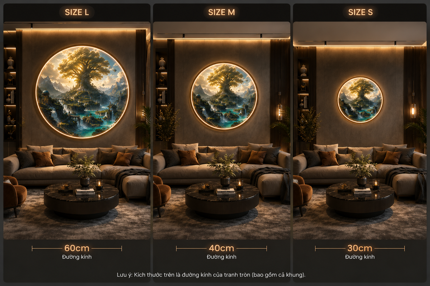 Magical World Tree LED Wall Art, Fantasy Landscape Glowing Painting, Round Decor Light led 115