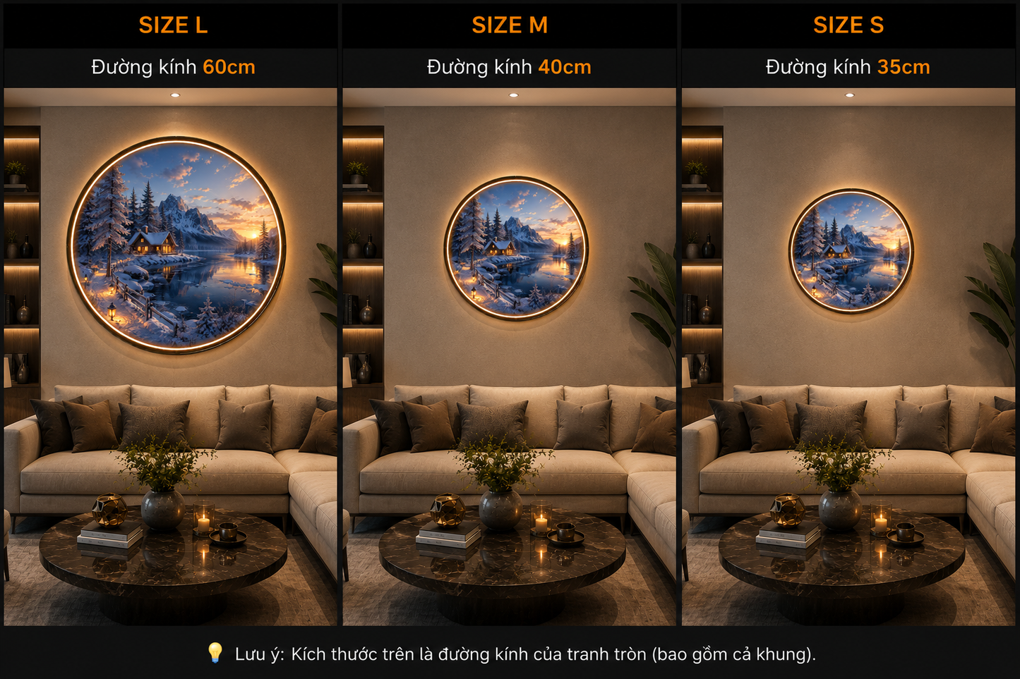 Golden Winter Sunset: Illuminated Circular LED Wall Art led 151