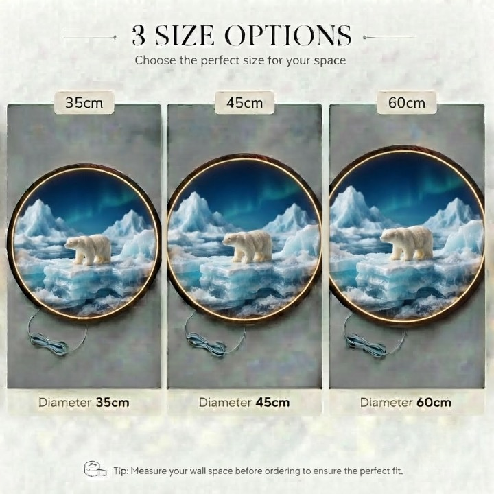 Polar Bear LED Round Wall Art | Arctic Glacier & Northern Lights Home Decor Light Painting with 3 Size Options and 12V Safe Driver System Led 37