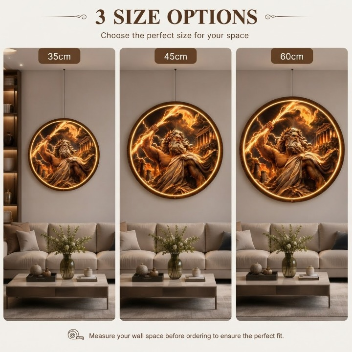 Greek God Zeus LED Wall Art, Round Illuminated Lighting Painting, 35/45/60cm Lightning Bolt  and Parthenon Decor, Ambient Night Light Led 58