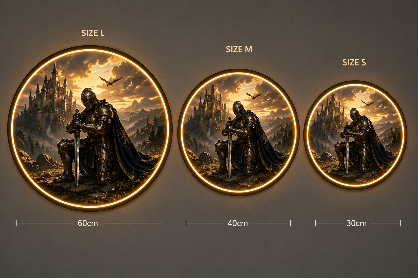Round LED Knight Wall Decor, Fantasy Castle Illuminated Art, Home and Living Accent led 111