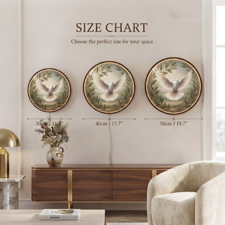 Handcrafted Round LED Peace Dove Wall Art - Olive Branch and Flying Dove Illuminated Decor Led 16
