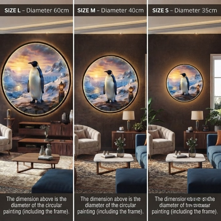 Round Antarctic Penguin Landscape Backlit Wall Art - Scenic Wildlife Decor Painting with LED Lighting led 169