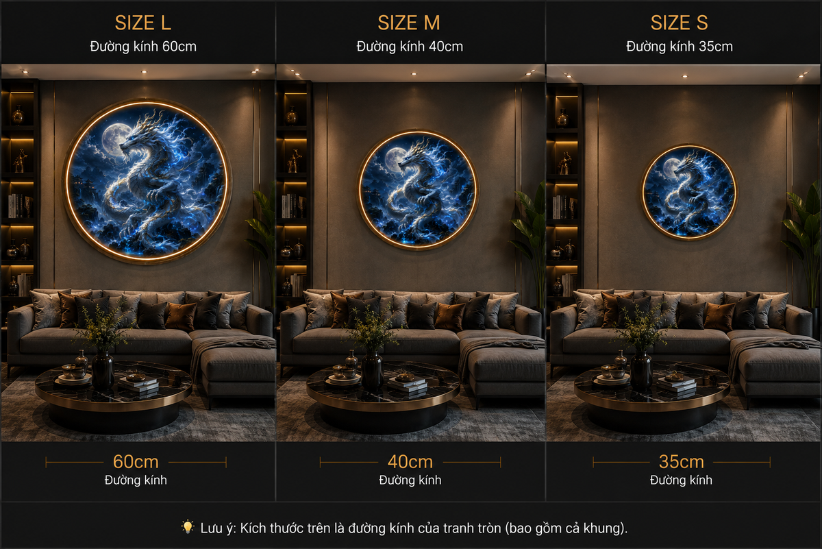 Round LED Glowing Wall Art - Mythical Blue Asian Dragon  Full Moon Decor, Modern Home and Living Room Lighting led 130