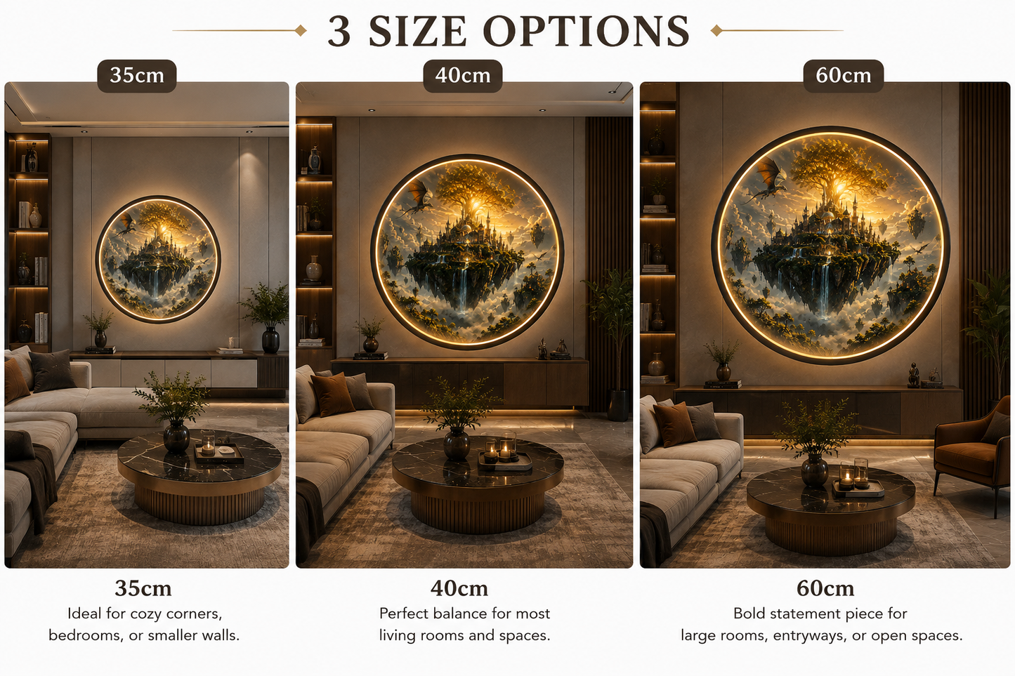 Fantasy Floating Castle LED Wall Art - Round Sunset Landscape with World Tree & Dragon, 12V Driver Ambient Night Light for Living Room Decor Led 90