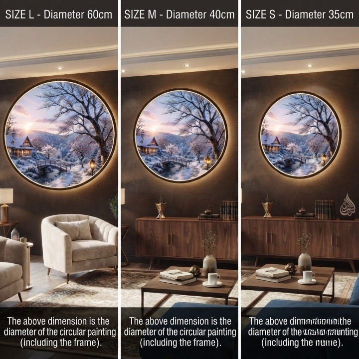 Round Winter Landscape Backlit Wall Art - Scenic Home Decor Painting with LED Lighting led 167
