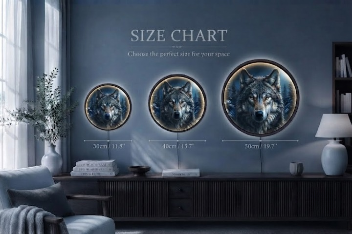 Handcrafted Round LED Wolf Wall Art - Winter Forest and Wild Wolf Illuminated Decor Led 5