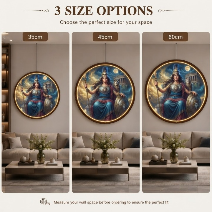 Athena God of Wisdom Lighted Round Wall Sign | Boho Greek Mythology Decor | Unique Bedroom and Living Room Art Led 60