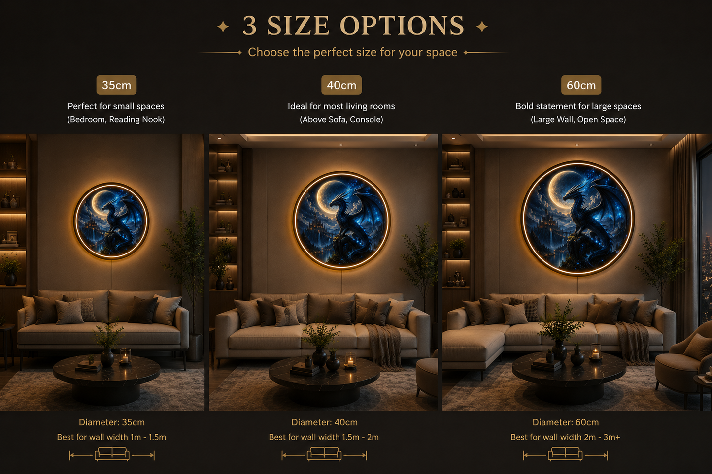 Blue Dragon and Castle Moon Round LED Wall Art – Fantasy Night Sky Illuminated Decor led 83