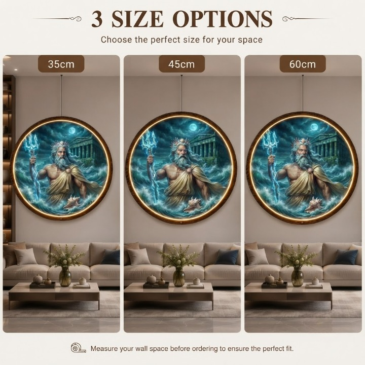 Poseidon Greek God Illuminated Wall Art – Round LED Backlit Sea God Neptune Canvas, Mythological Lighted Sign Decor for Living Room Led 59
